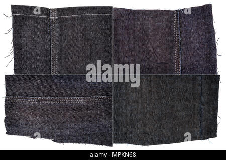 Collection of dark jeans fabric textures isolated on white background. Rough uneven edges. Rectangular composite image of jeans textures Stock Photo