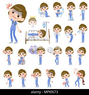 Set of various poses of surgical operation blue wear women sickness Stock Vector
