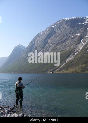 Fly fishing Kjosnesfjord Jolster Sogn og Fjordane Norway Norge Norwegen Stock Photo