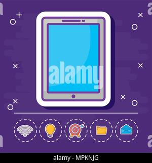 tablet and online marketing related icons over purple background, colorful design. vector illustration Stock Vector