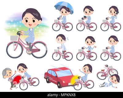 Set of various poses of White coat women city bicycle Stock Vector