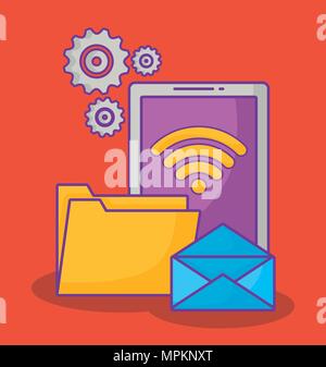 online advertising design with tablet and related icons over orange background, colorful design. vector illustration Stock Vector