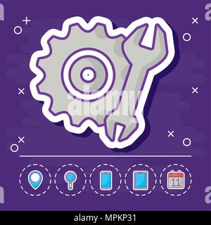 gear wheel and wrench with online marketing related icons over purple background, colorful design. vector illustration Stock Vector