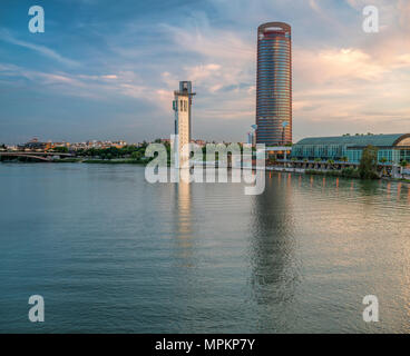 Torre Sevilla skyscraper (right) and Schindler tower (left) by the Guadalquivir river, Seville, Spain. Stock Photo