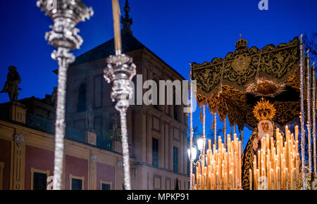Virgen de los Dolores (Our Lady of Sorrow) in front of San Telmo Palace, Holy Tuesday, Seville, Spain Stock Photo