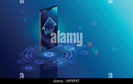 Smartphone with digital logo smart home stand at iot icons. Smart phone controls devices of smart home via wireless connection and voice commands. Int Stock Vector