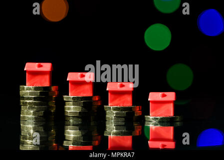 Minature houses resting on new pound coin stacks concept for property ladder, mortgage and real estate investment Stock Photo