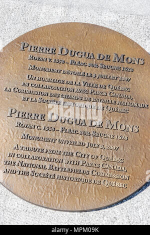 Quebec Canada,Upper Town,Parc de l'Esplanade,Pierre Dugua De Mons,statue,French pioneer,plaque,history,Canada070712011 Stock Photo