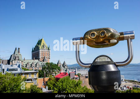 Quebec Canada,Parc de l'Esplanade,Fairmont Le Chateau Frontenac,hotel,St. Lawrence River,telescopic viewer,Canada070712012 Stock Photo