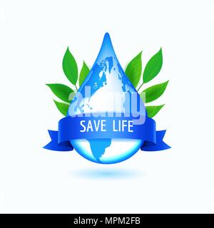 Earth drop with green leaves and blue ribbon, vector illustration Stock Vector
