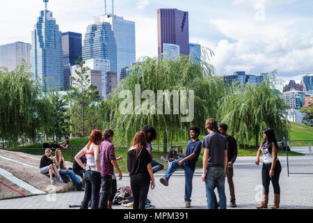 Toronto Canada,Queen's Quay East,Financial District,skyline,park,Asian Asians ethnic immigrant immigrants minority,Black Blacks African Africans,adult Stock Photo