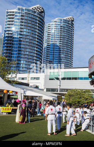 Toronto Canada,Queen's Quay West,The Waterfront,Harbourfront Centre,Ann Tindal Park,high rise skyscraper skyscrapers building buildings modern,residen Stock Photo