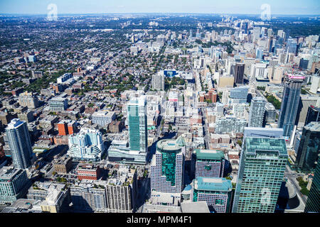 Toronto Canada,Bremner Boulevard,CN Tower,observation tower,telecomm antenna modern wonder,main deck level,window view north,Entertainment District,Ch Stock Photo