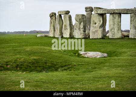 the slaughter stone in front of view of circle of sarsen stones with lintel stones and ditch and banking stonehenge wiltshire england uk