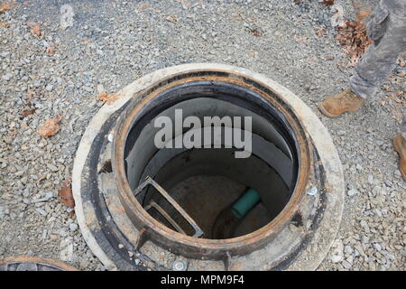 As part of the sewer line upgrades at Fort Indiantown Gap, old brick hand-mortared manholes will be replaced with these precast ones. (U.S. Army National Guard photo by Maj. Angela King-Sweigart) Stock Photo