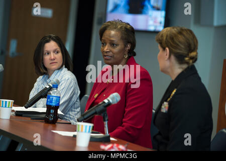 ARLINGTON, Va. (Mar. 29, 2017) Victoria Bowens, center, director, diversity  and inclusion for the Department of the Navy is joined on a panel by Dr. Andrea  Armani, left, associate professor of chemical