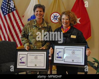 316th honors 'Trailblazing Women in Business and Labor' through presenting keynote speakers Brig. Gen. Deborah Kotulich and Mrs. Rebecca Harris with a Certificate of Appreciation on 23 March 2017 in Coraopolis, Pa. Stock Photo