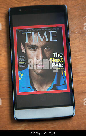 Neymar JR on the cover of Time Magazine on a Smartphone Stock Photo