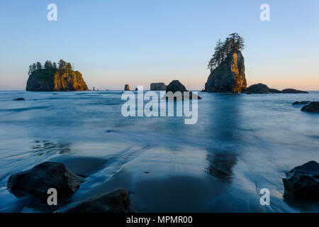 Sea Stacks - A dusk view of sea stacks on Second Beach of La Push in Olympic National Park, Washington, USA. Stock Photo