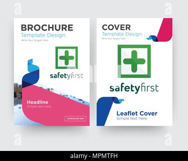safety first brochure flyer design template with abstract photo background, minimalist trend business corporate roll up or annual report Stock Vector