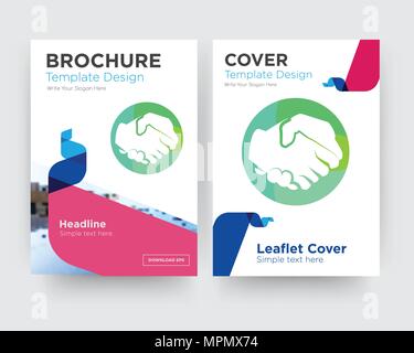 hands shaking brochure flyer design template with abstract photo background, minimalist trend business corporate roll up or annual report Stock Vector