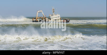 Shipwreck Zeila laying on sandbank during storm and waves Stock Photo