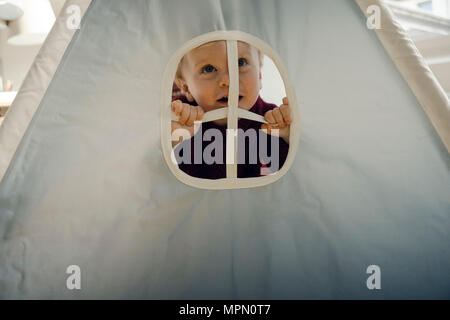 Little boy playing in tent, looking through window, laughing Stock Photo