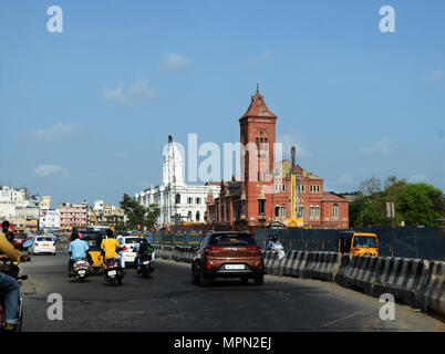 Metro / Subway construction by the Victoria Public Hall town hall built in 1888, Chennai, Tamil Nadu, India. Stock Photo