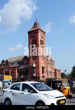 Metro / Subway construction by the Victoria Public Hall town hall built in 1888, Chennai, Tamil Nadu, India. Stock Photo