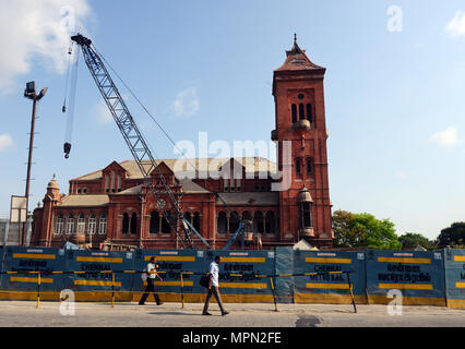 Metro / Subway construction by the Victoria Public Hall town hall built in 1888, Chennai, Tamil Nadu, India. Stock Photo