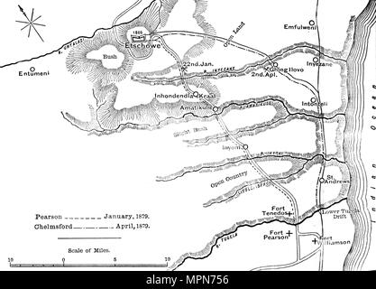 'Plan of the Marches of Pearson (Jan., 1879) and of Chelmsford (April, 1879) to Etschowe', c1880. Artist: Unknown. Stock Photo