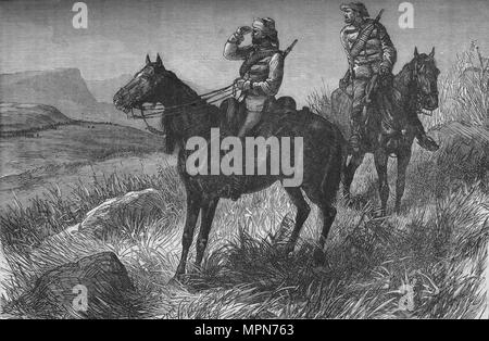 'Frontier Light Horse, on Vedette Duty, Discovering Zulus near Wood's Camp, on Kambula Hill', c1880. Artist: Unknown. Stock Photo