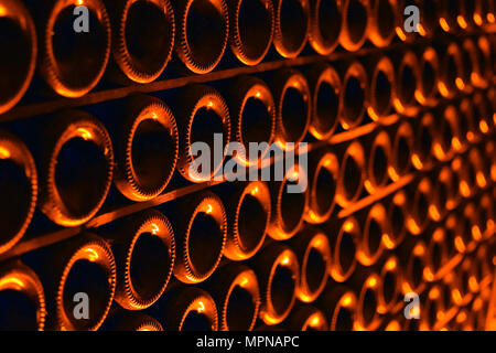 Champagne bottles in wine cellar. Stock Photo
