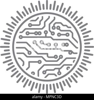 Sun round design in PCB-layout style with rays. Conceptual illustration for you logo or other design. Stock Vector