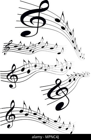 Set of comic style various music notes on stave, vector illustration Stock Vector
