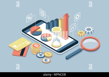 Business, finance and investments app on a smartphone with credit cards and currencies Stock Vector