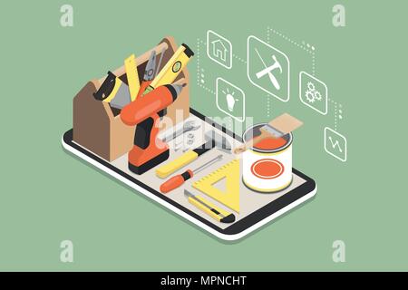 Do it yourself and home renovation app: toolbox and tools on a smartphone with icons Stock Vector