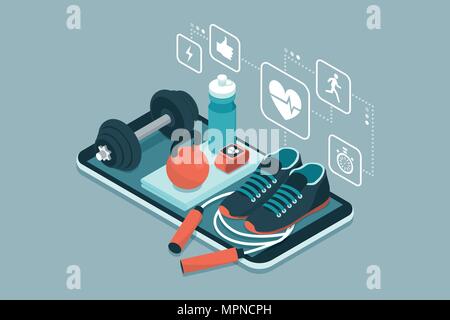 Fitness, training and workout app: sports equipment and icons on a touch screen smartphone Stock Vector