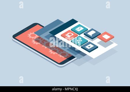 App development and web design: layered user interfaces and screens on a touch screen smartphone Stock Vector