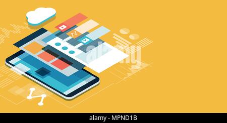 App development and web design: layered user interfaces and screens on a touch screen smartphone Stock Vector