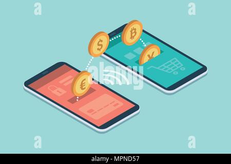 Safe and easy e-payments on smartphone using financial apps: international currencies and bitcoins transferring from an account to another Stock Vector
