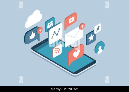 Social media apps on a smartphone: online sharing, messaging and marketing on social networks concept Stock Vector