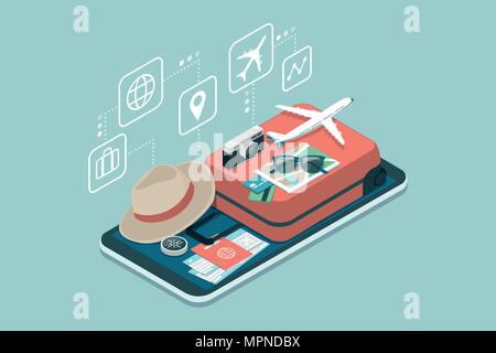 Travel, tourism and booking app: travel equipment and luggage on a mobile touch screen smartphone Stock Vector