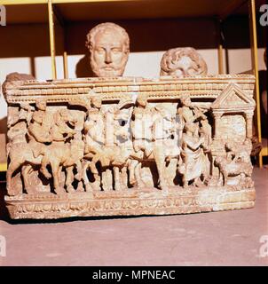 Etruscan Sarcophagus of Funeral procession approaching a shrine. Artist: Unknown. Stock Photo