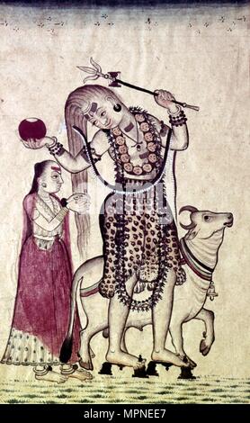 Shiva walking with bull Nandi followed by his consort Parvati. Shiva is ...