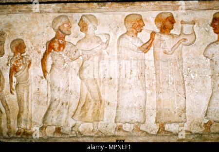 Etruscan Sarcophagus detail, Procession with Musicians, c5th century BC-4th century BC. Artist: Unknown. Stock Photo