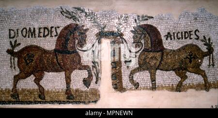 Roman Mosaic of Horses, Diomeder and Aicides, 2nd-3rd century. Artist: Unknown. Stock Photo