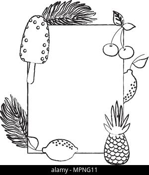 grunge emblem style with tropical plants and fruits vector illustration ...