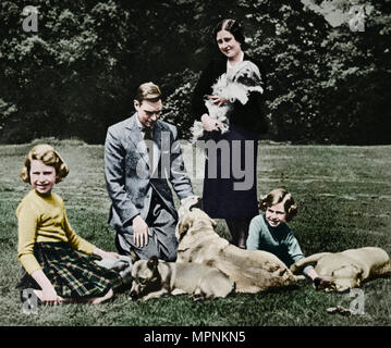 Royal family as a happy group of dog lovers, 1937. Artist: Michael Chance. Stock Photo