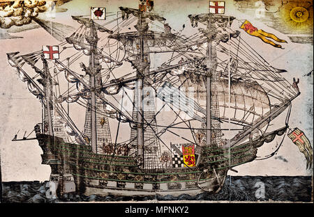 A woodcut of a ship which is believed to be The Ark Royal, c1587. Artist: Unknown. Stock Photo
